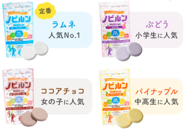 ノビルンのラムネ、ぶどう、ココアチョコ、パイナップルの4種類の味