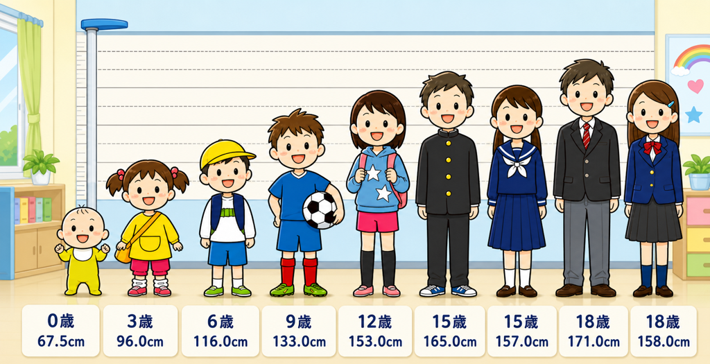 0歳から18歳までの年齢と身長の推移を示す、室内の身長測定イラスト