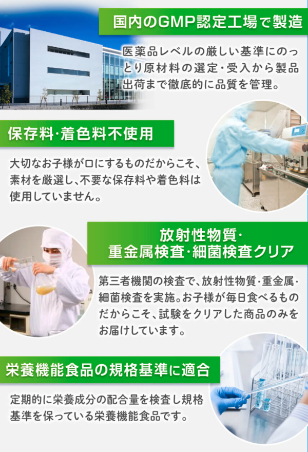 国内GMP認定工場での製造、保存料・着色料不使用、放射性物質・重金属・細菌検査、栄養機能食品の規格基準への適合