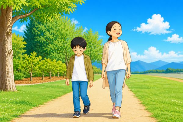 自然の中を一緒に歩く母親と子どものイラスト