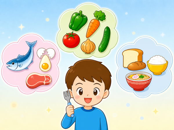 食事のバランスを考える子どもと、たんぱく質・野菜・主食のイラスト